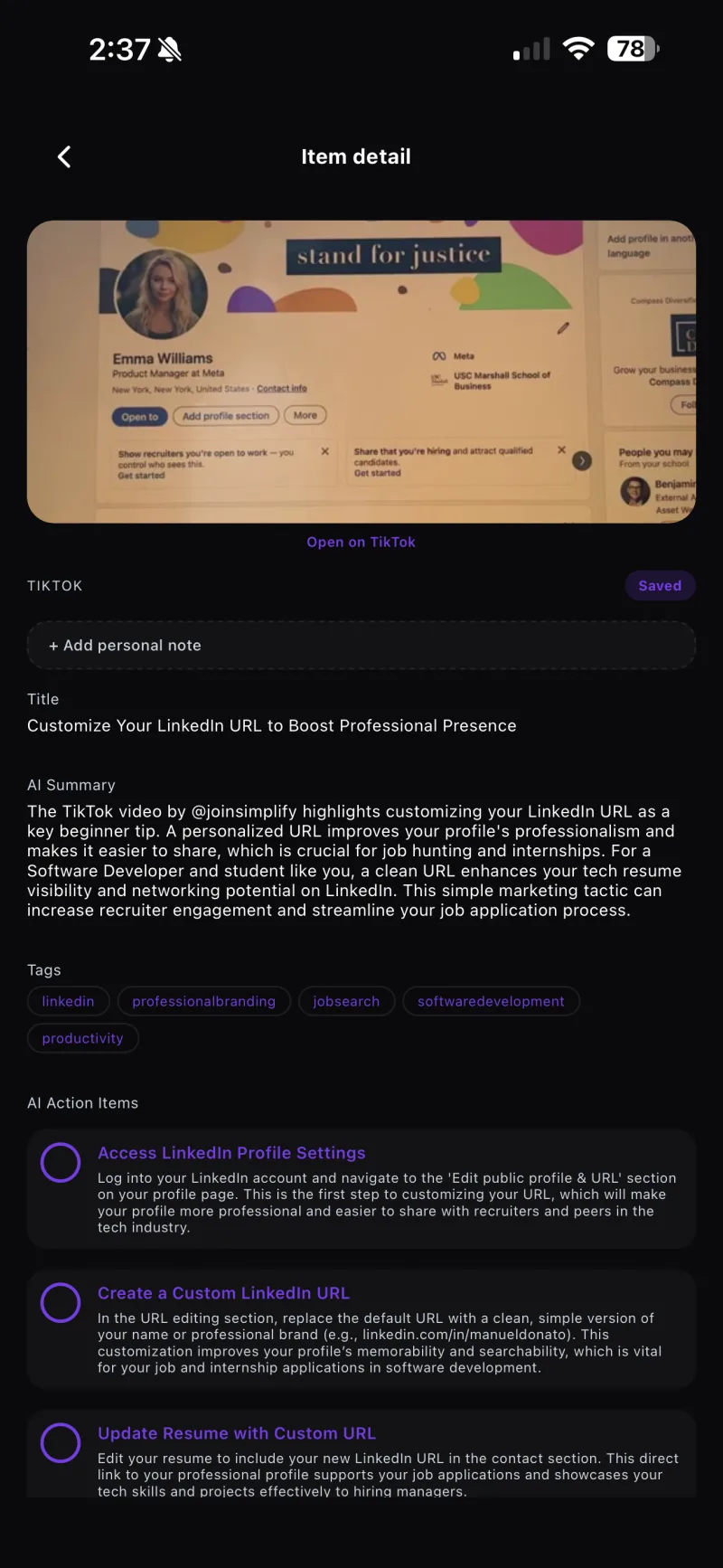 Detalle de un contenido en Zaaby con resumen, etiquetas y acciones generadas por IA